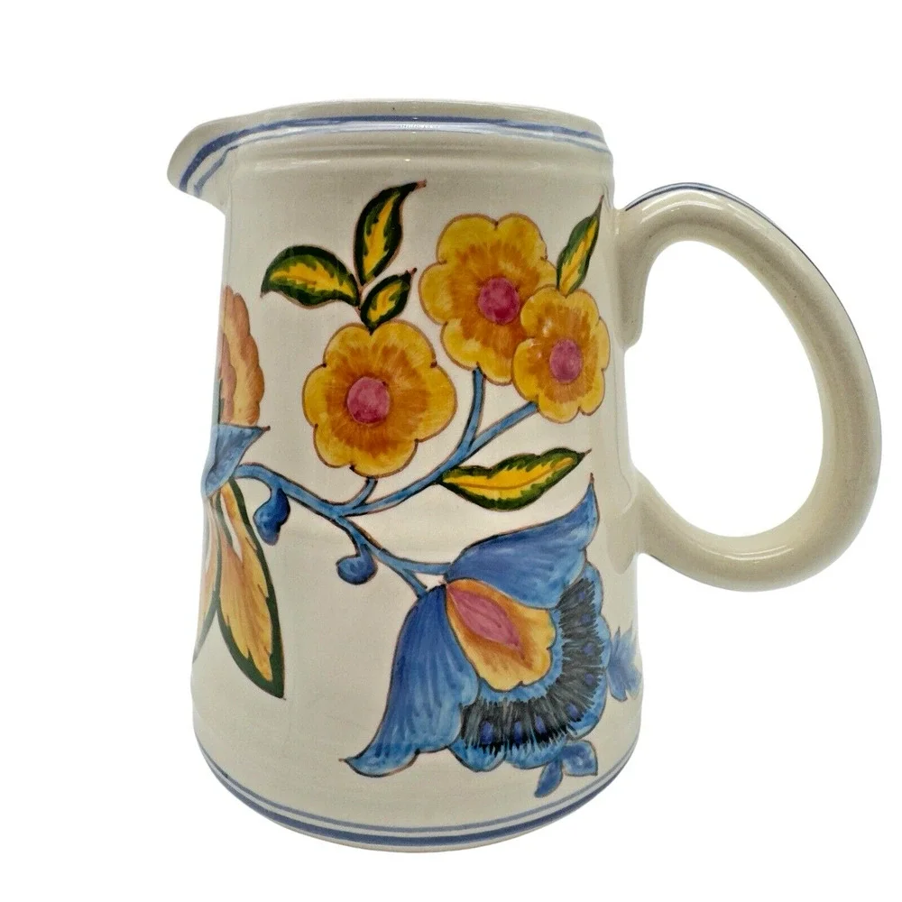 Vintage Cornell Imports Portugal Ceramic Pitcher Hand Painted Colorful Flowers